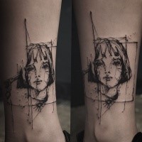 Sketch style colored ankle tattoo of woman face