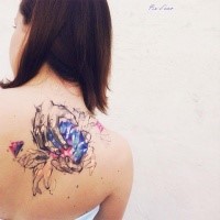 Sketch style colored back tattoo of human hands with diamond