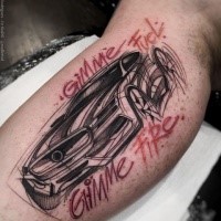 Sketch style colored biceps tattoo of modern car with lettering