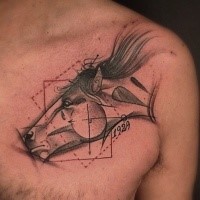 Sketch style colored chest tattoo of horse head with numbers