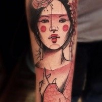 Sketch style colored forearm tattoo of geisha face and flowers