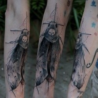 Sketch Stil farbiges Unterarm Tattoo von Schmetterling mit dem menschlichen Schädel