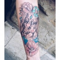 Sketch style colored forearm tattoo of cute dog with flowers and pink heart