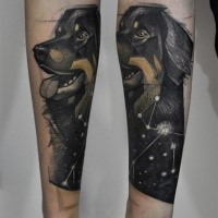 Sketch style colored forearm tattoo of cute dog with stars