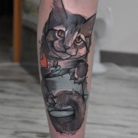 Sketch style colored leg tattoo of cute cat with red heart