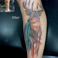 Sketch style colored leg tattoo of deer