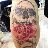 Tatuaje de pierna de color estilo boceto del cráneo humano con rosa roja