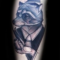 Sketch style colored leg tattoo of raccoon gentleman with smoking pipe