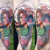 Sketch style colored leg tattoo of woman with number