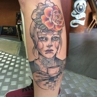 Sketch style colored leg tattoo of woman face with flowers and tea cup