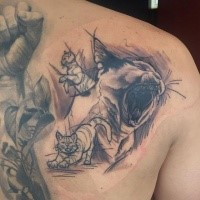 Sketch style colored scapular tattoo of funny cat
