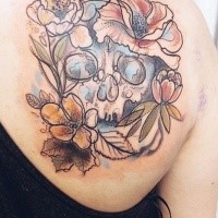 Sketch style colored scapular tattoo of human skull with flowers