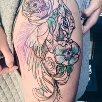 Sketch style colored shoulder tattoo of little bird with flowers