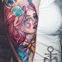 Sketch style colored shoulder tattoo of princess face with crown