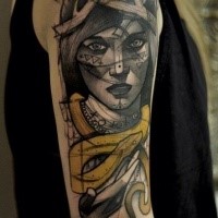 Sketch style colored shoulder tattoo of fantasy woman with horns and snake