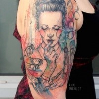 Sketch style colored shoulder tattoo of sweet woman with paints and brushes