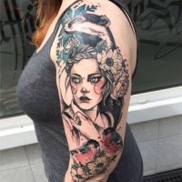 Sketch style colored shoulder tattoo of beautiful woman with various animals and flowers