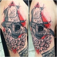 Sketch style colored shoulder tattoo of plague doctor portrait with flowers
