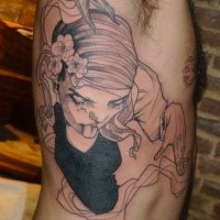 Sketch style colored side tattoo of creepy woman with flowers