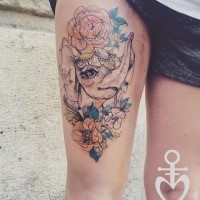 Sketch style colored thigh tattoo of elephant with flowers