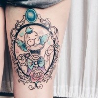 Sketch style colored thigh tattoo of Simpsons portrait with rose