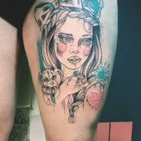 Sketch style colored thigh tattoo of beautiful woman with bear toy and flowers
