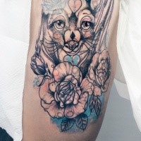 Sketch style colored thigh tattoo of beautiful fox with roses