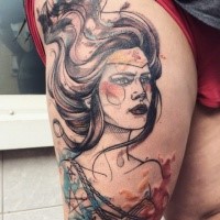 Sketch style colored thigh tattoo of beautiful woman with stars