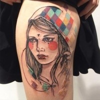 Sketch style colored thigh tattoo of awesome woman