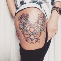 Sketch style colored thigh tattoo of cat head with flowers