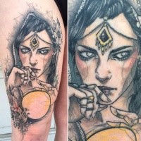 Sketch style colored thigh tattoo of woman face with flowers