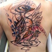 Sketch style colored whole back tattoo of cute birds family