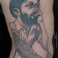 Sketch style detailed side tattoo of man with lettering