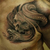Black ink skull and snake tattoo on chest