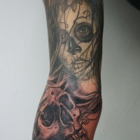 Skull and lady tattoo on arm by graynd