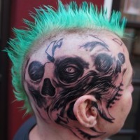 Skull agony tattoo on head by graynd