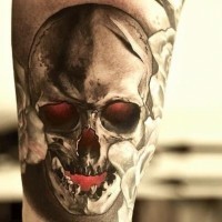 Black evil skull tattoo with red eyes