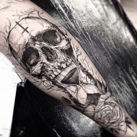 Skull with inverted cross on forehead, hourglass and flower tattoo in engraving style