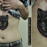 Small black ink belly tattoo of cat face