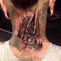 Small black ink dark old castle tattoo on neck