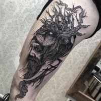 Small black ink engraving style thigh tattoo of mystical man with horns