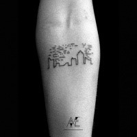 Small black ink forearm tattoo of city sights