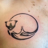 Small black ink hest tattoo of sleeping cat
