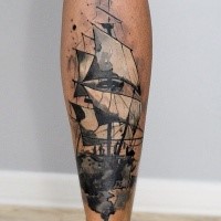 Small black ink illustrative style leg tattoo of sailing ship