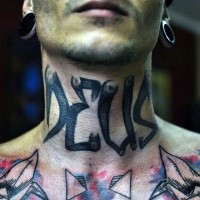 Small black ink lettering tattoo on neck