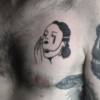 Small black ink woman with sad mask tattoo on chest