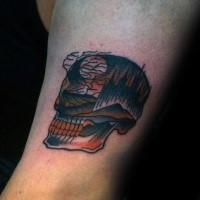 Small cartoon style colored arm tattoo of skull with trees and old castle