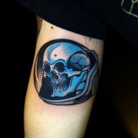 Small cartoon style tattoo of astronaut skeleton