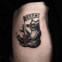 Small cartoon style tattoo of cat with lettering