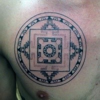 Small circle shaped chest tattoo of interesting ornament